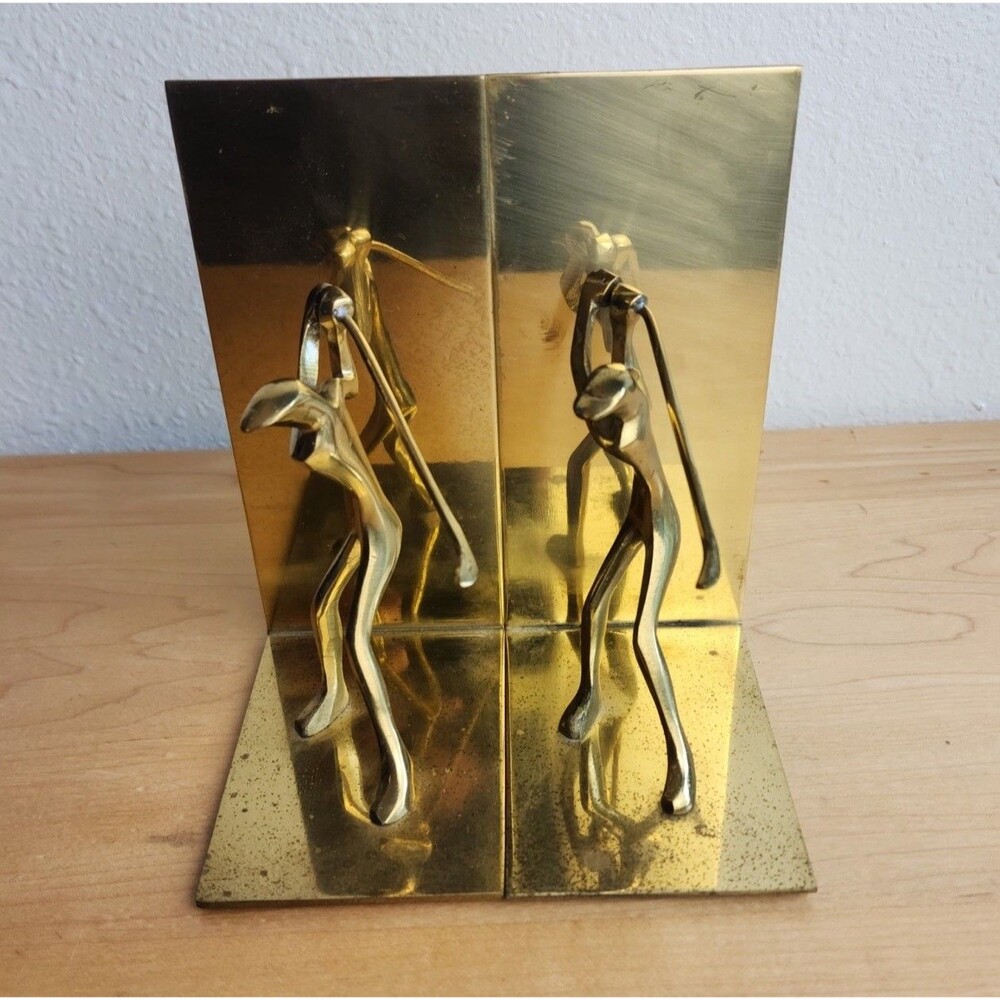 Vintage Brass Tone Golfer Bookends 6.25" Tall, Korea MCM Hollywood Regency